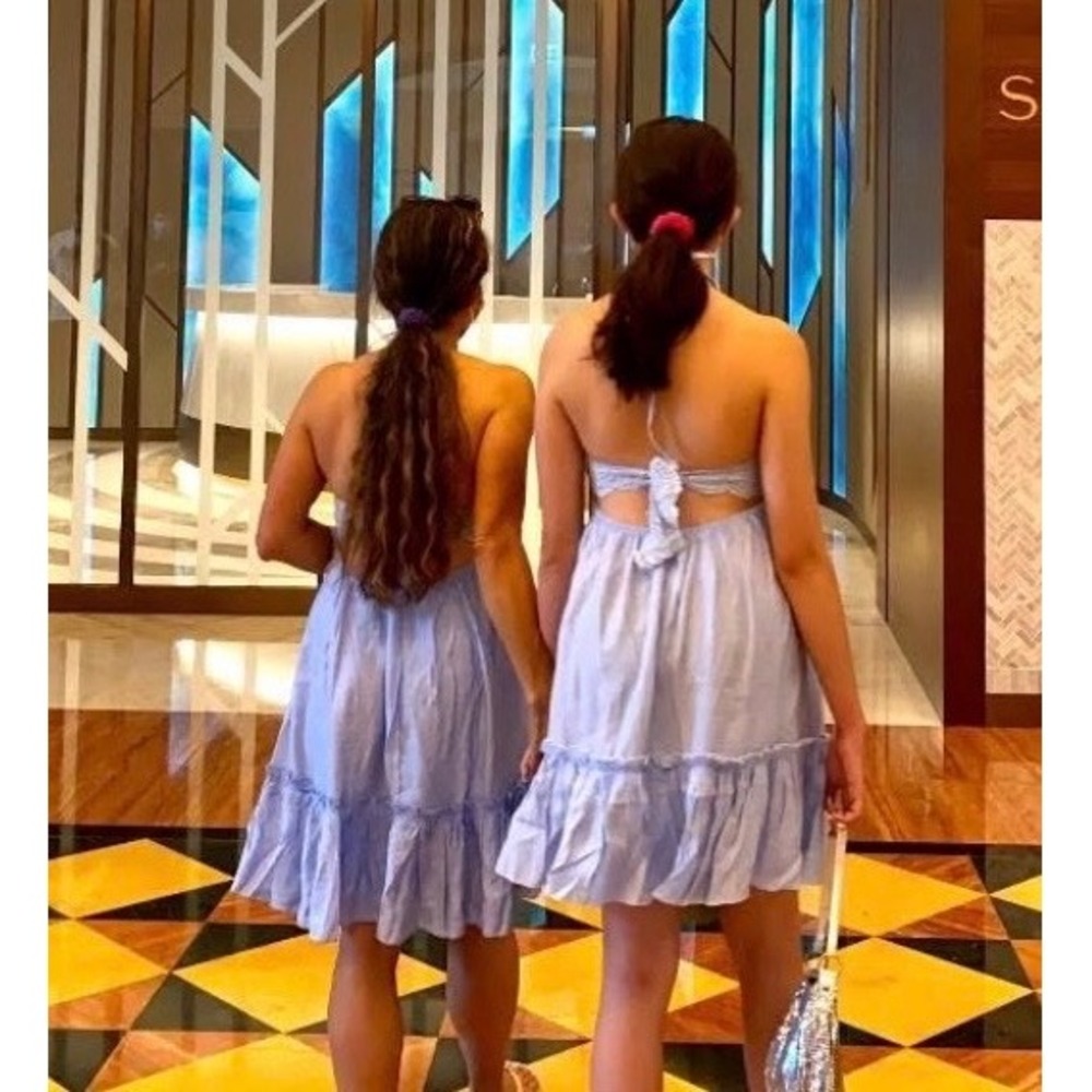 Blue Halter Mini Dress Crochet Lace Empire Waist Ruffle Hem Boho Summer S
